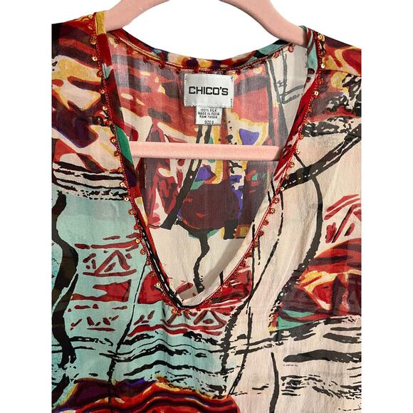 Chico's 100% silk lightweight sheer top 3/4 sleeve v-neck embroidered size 0 S - Picture 3 of 6